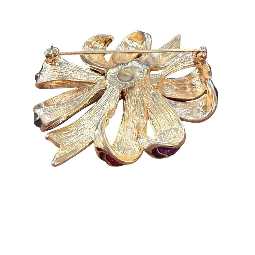 JOAN RIVERS Signed Goldtone Enamel Bow with Rhinestone Brooch Pin Red Green - Picture 8 of 8
